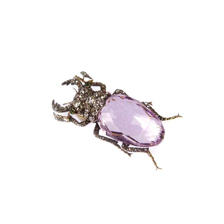 19th century pink topaz and diamond stag beetle brooch